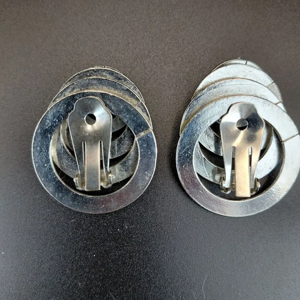 Vintage Space Age Chrome Clip On Earrings 1980s Geometric Concentric Spiral